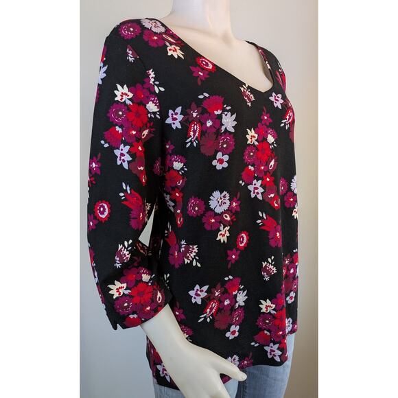 Ann Taylor Factory Top XL Black Pink Red Bold Floral Print 34 Sleeve Stretch - Picture 2 of 10